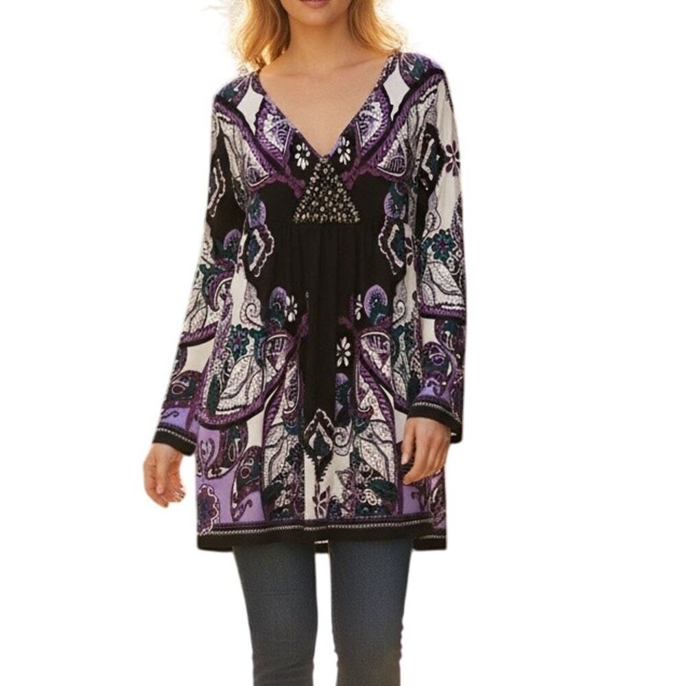 ECI Y2K Babydoll Tunic Dress L Purple Paisley Studded Top Fairy‎ Whimsygoth Boho